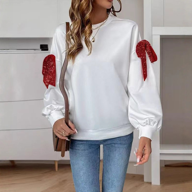 Women's Bow Sequin Long Sleeve Sweatshirt Loose Fit Crewneck Pullover