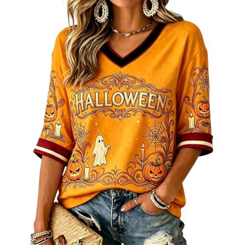Halloween Pumpkin Shadow Print V-Neck Mid-Sleeve Women's T-Shirt