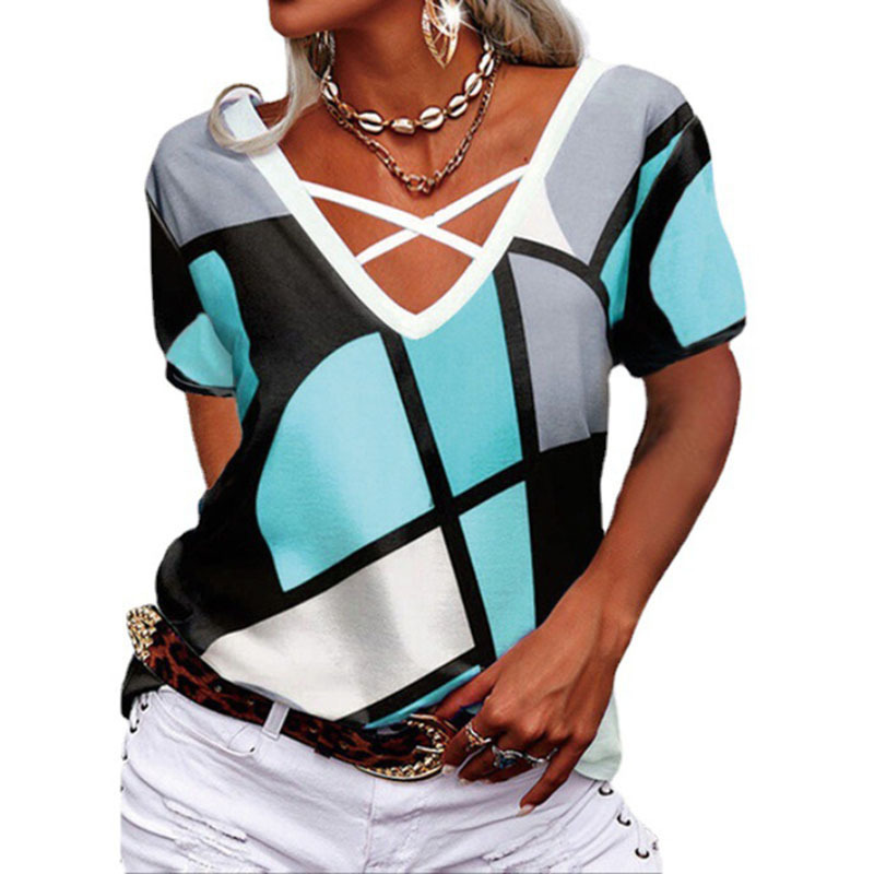 Women's Short Sleeve V-Neck Geometric Print Loose Casual T-Shirt