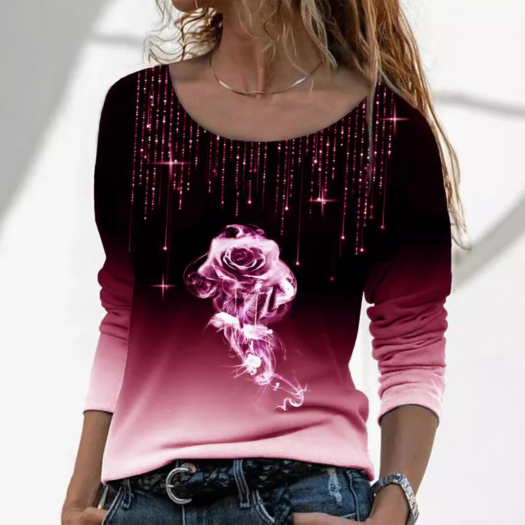 Women's Long Sleeve Loose Crewneck Rose Print T-Shirt