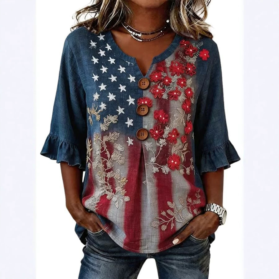 Women's American Floral Flag Print V-Neck Half-Sleeve T-Shirt