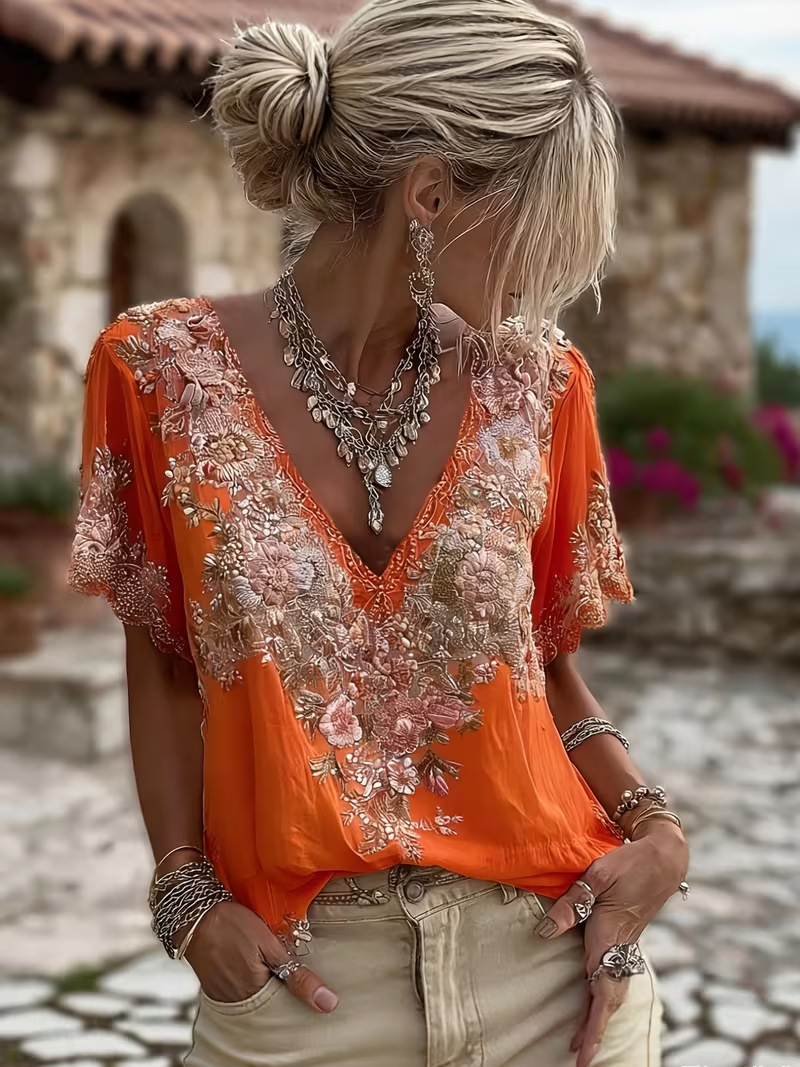 Floral Print V-Neck Short Sleeve Women's T-Shirt