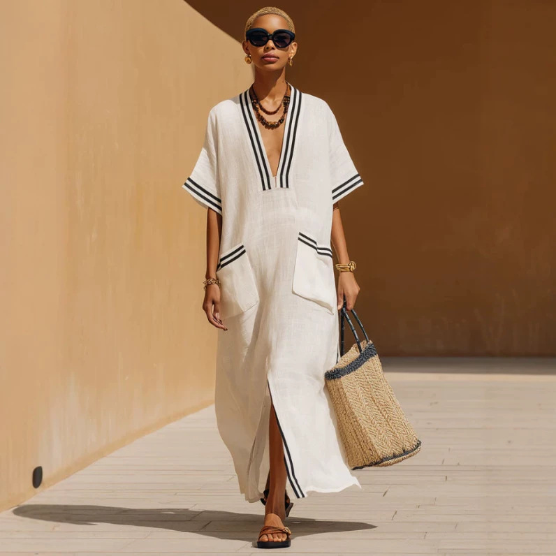 Casual Retro Black Striped Short Sleeve Long Dress