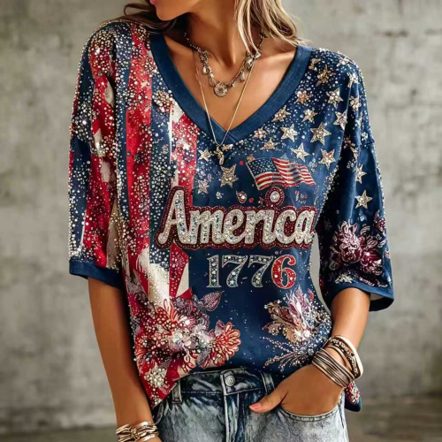 Women's American Flag Firework Print V-Neck Short Sleeve T-Shirt