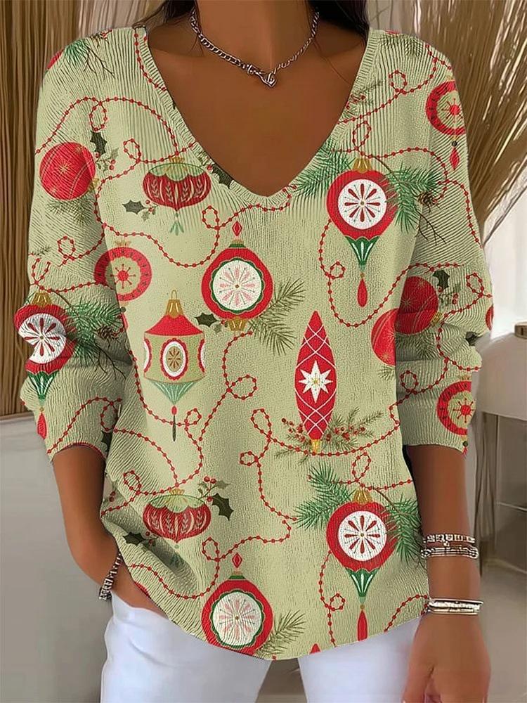 Halloween Plant & Tree Print V-Neck Long-Sleeve T-Shirt for Women