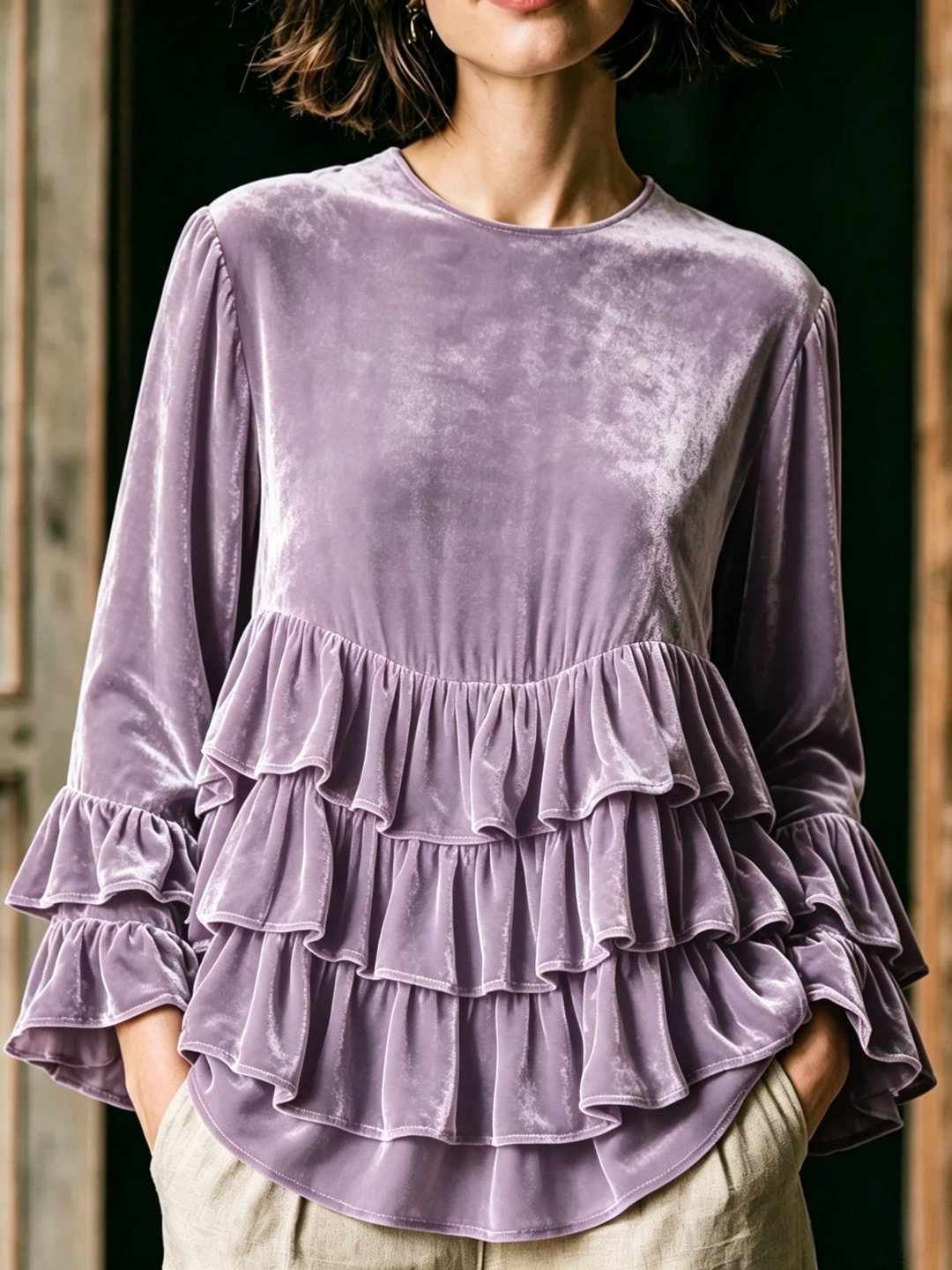 Women's Long Sleeve Ruffle Crewneck Solid Color Loose Casual T-Shirt
