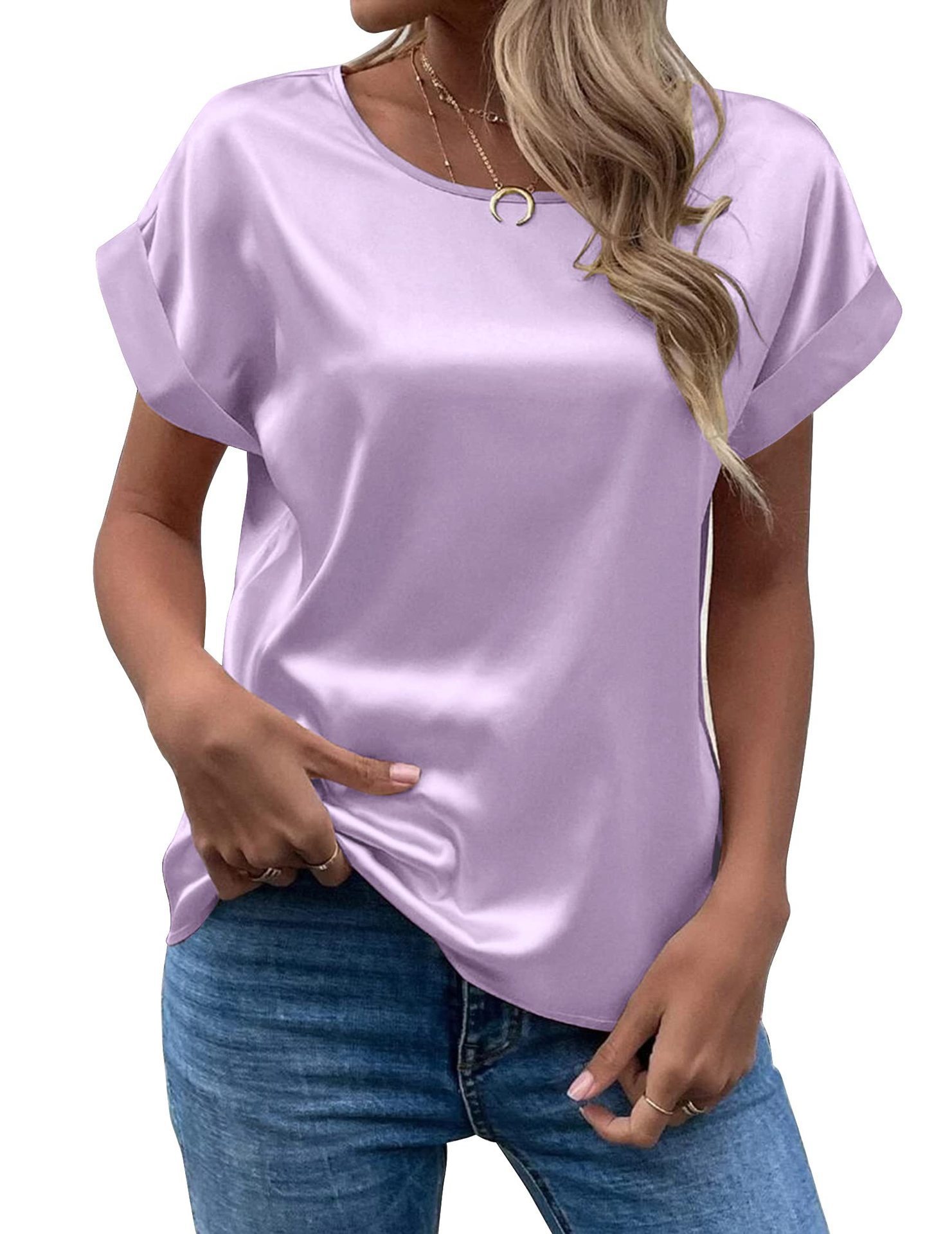 Women's Satin Crewneck Straight-Fit Short-Sleeve T-Shirt