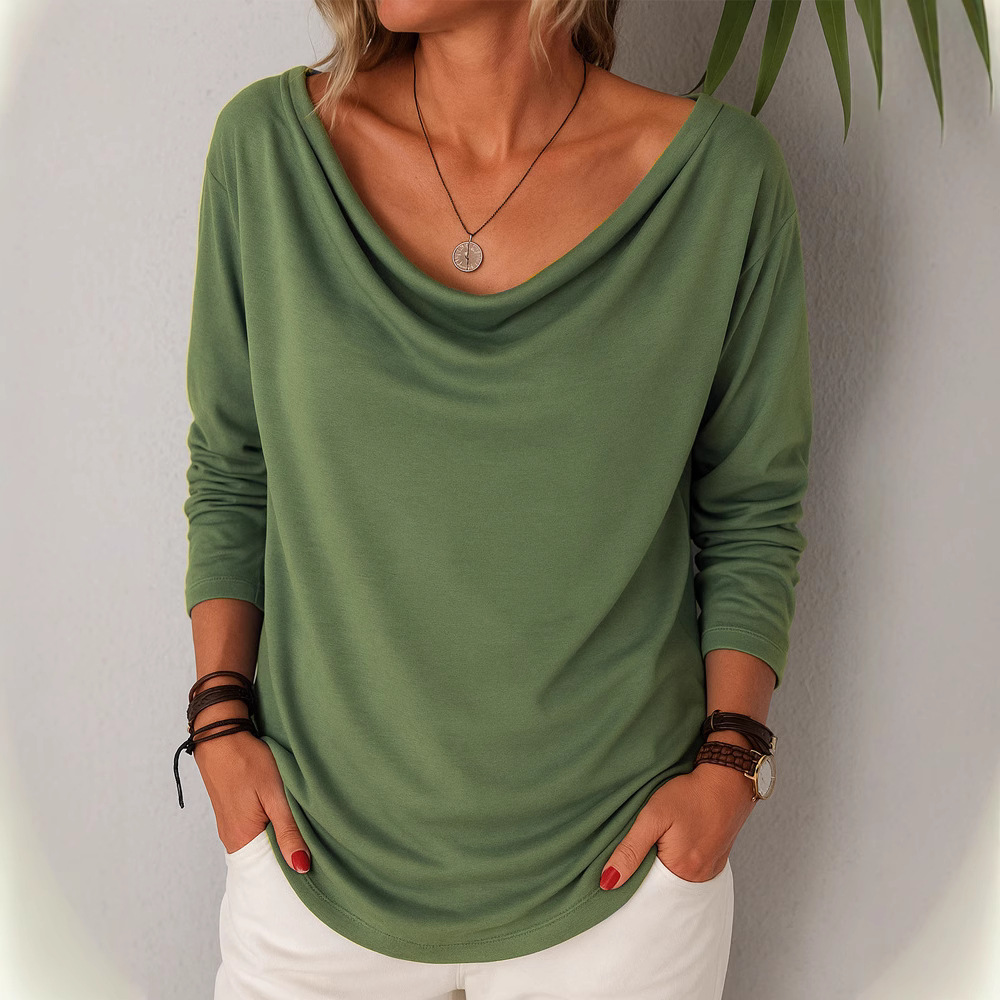 Women's Casual Loose Long Sleeve Solid Color Cowl Neck Pullover T-Shirt