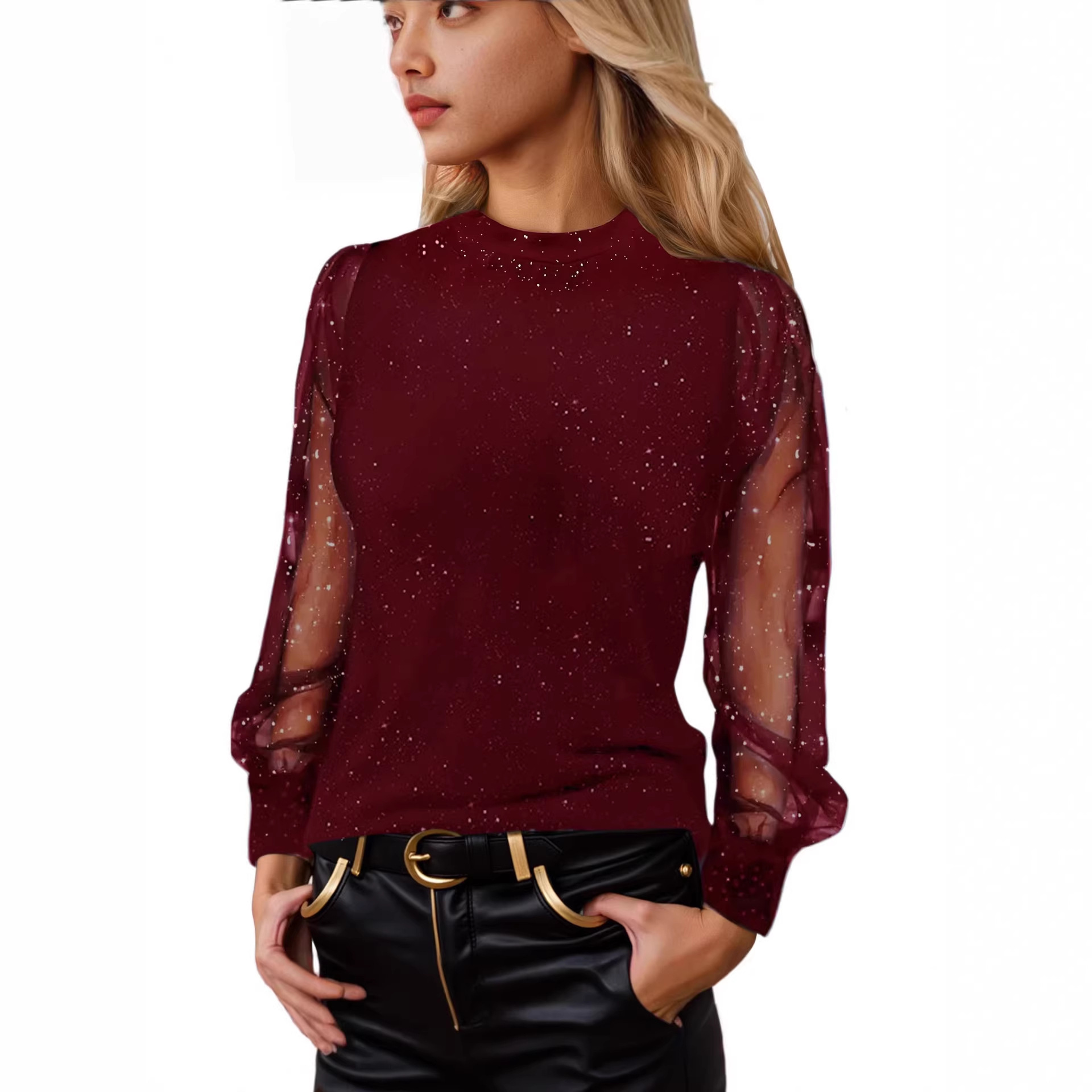 Women's Loose Crewneck Long Sleeve T-Shirt with Lace Mesh Splice