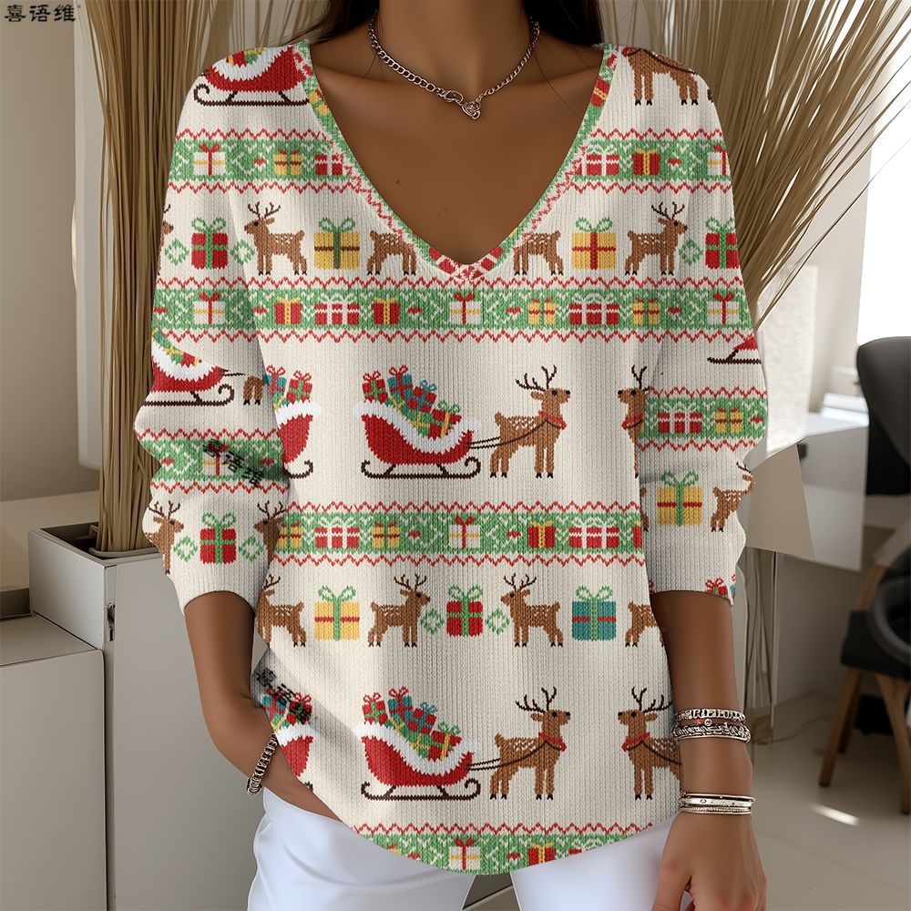 Christmas Snowman Reindeer Bow Print V-Neck Long Sleeve T-Shirt