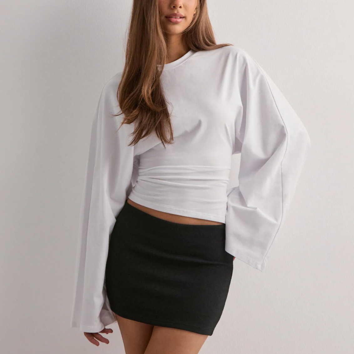 Women's Solid Crewneck Long Sleeve Waist-Cinched Casual Top