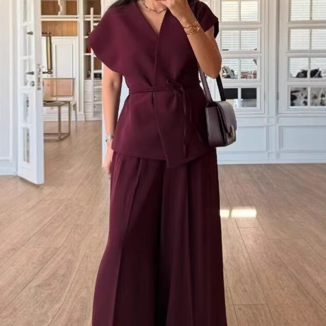 Women's Side-Tie Top & Wide-Leg Pants Set
