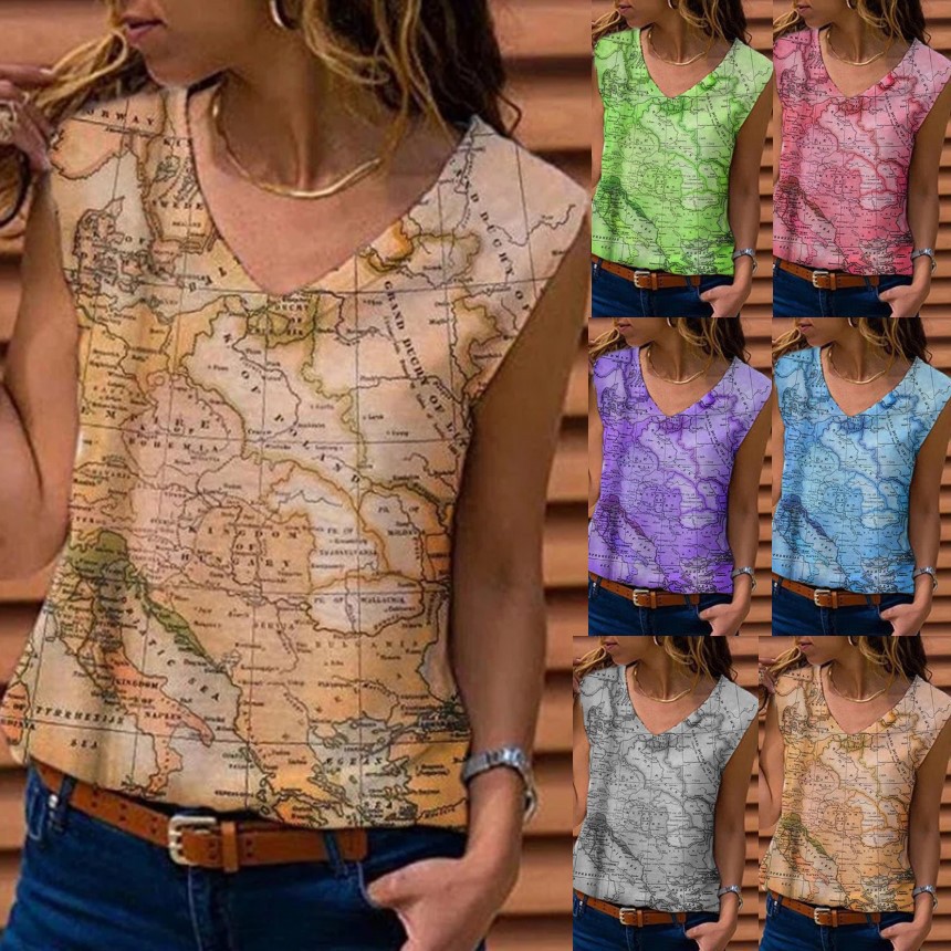 Women's Sleeveless Map Print V-Neck Tank Top