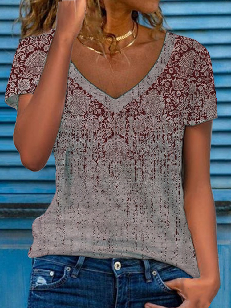 Women's Floral Print Short Sleeve V-Neck Loose Top