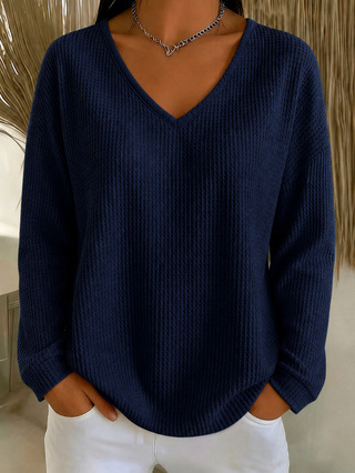 Women's Waffle Knit V-Neck Long Sleeve Loose Fit Solid Color T-Shirt