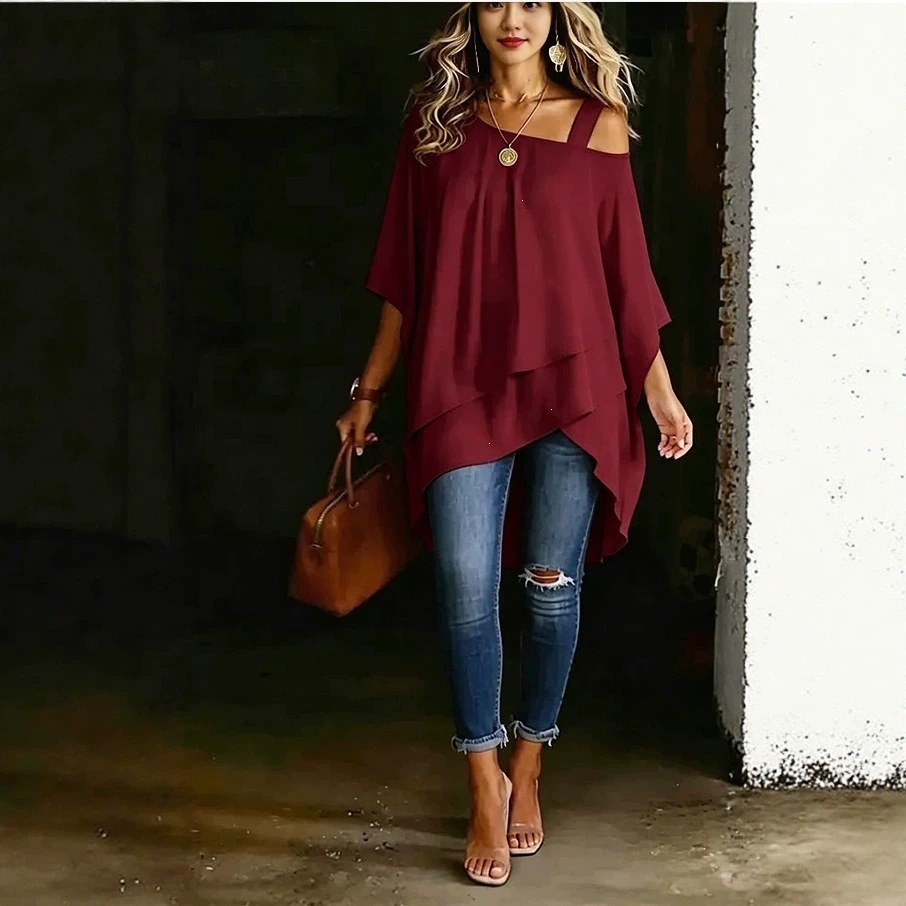 Asymmetric One-Shoulder Solid Color Top Draped Lazy Style Off-Shoulder Women's T-Shirt