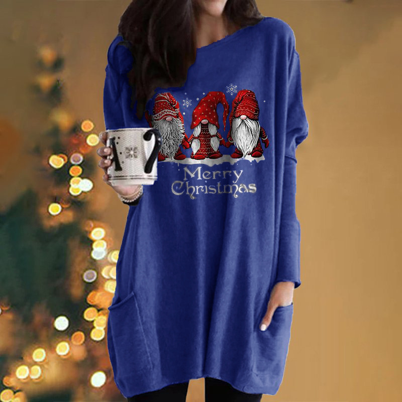 Christmas Santa Print Long-Sleeve Pocket Round-Neck T-Shirt Dress