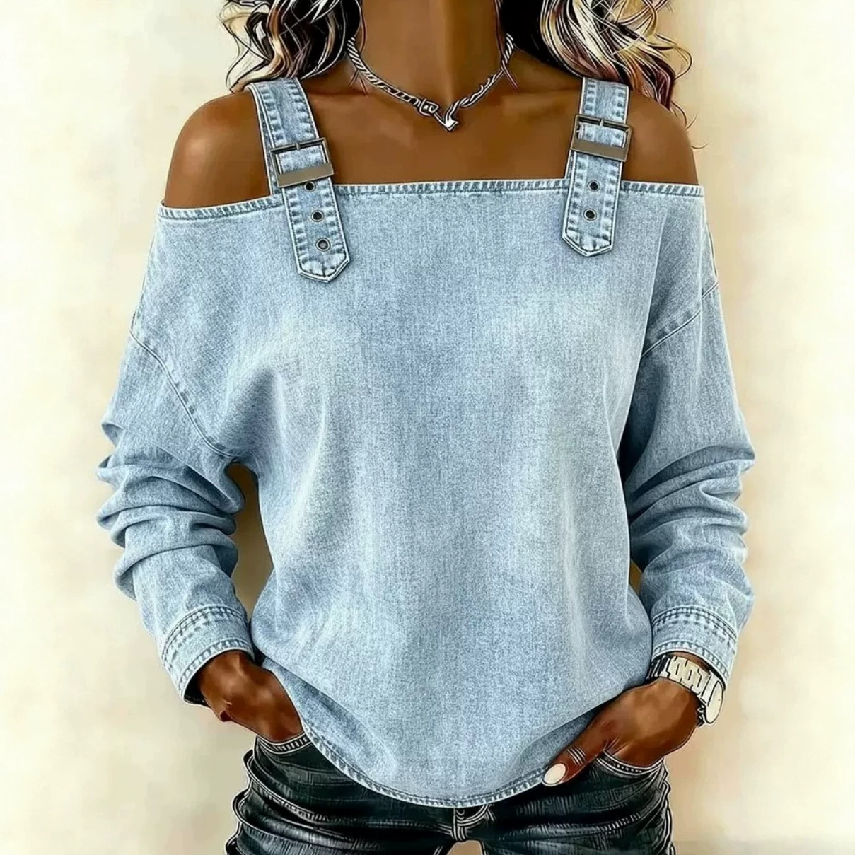 Women's Off-Shoulder Denim Top Long Sleeve Casual