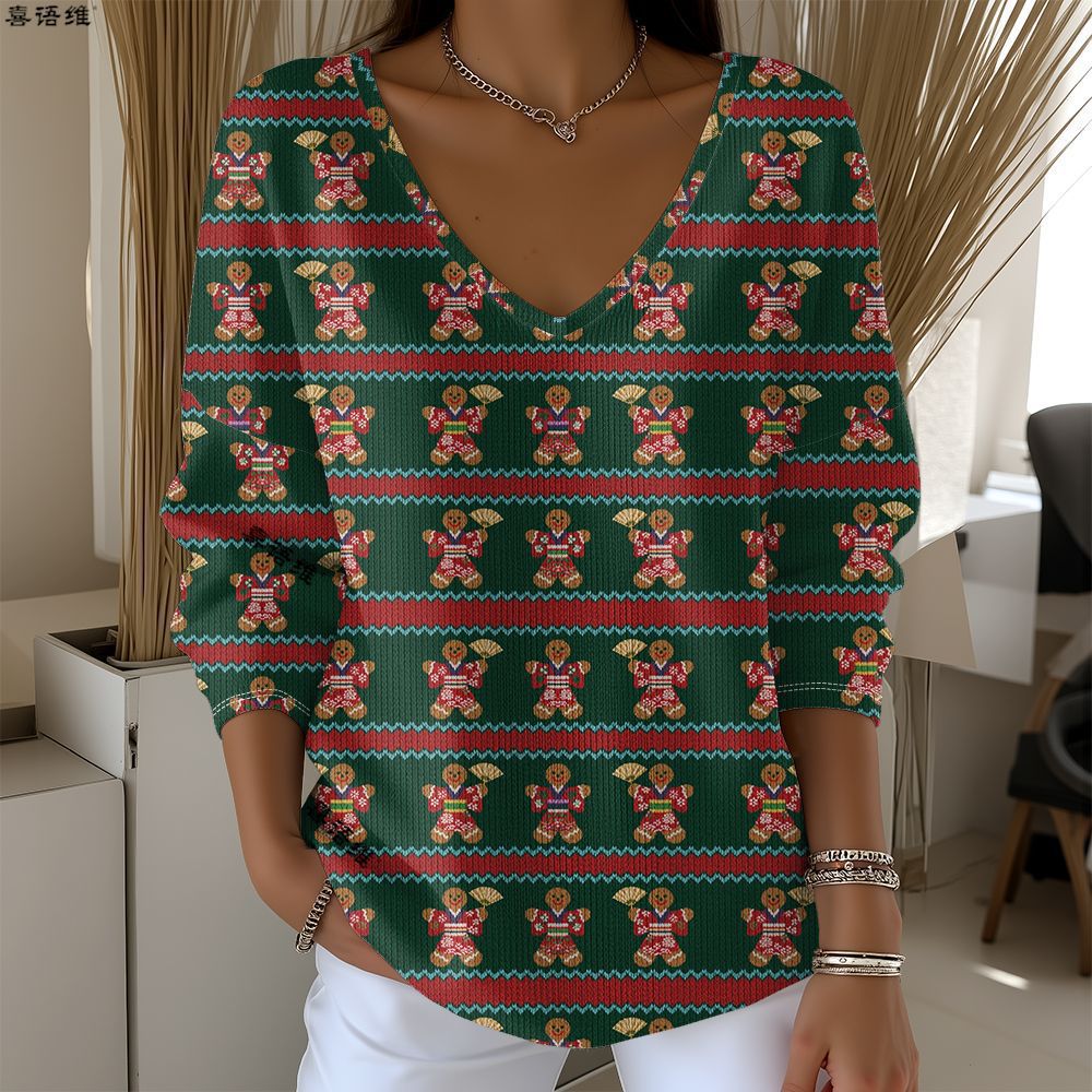 Christmas Snowman Reindeer Bow Print V-Neck Long Sleeve T-Shirt