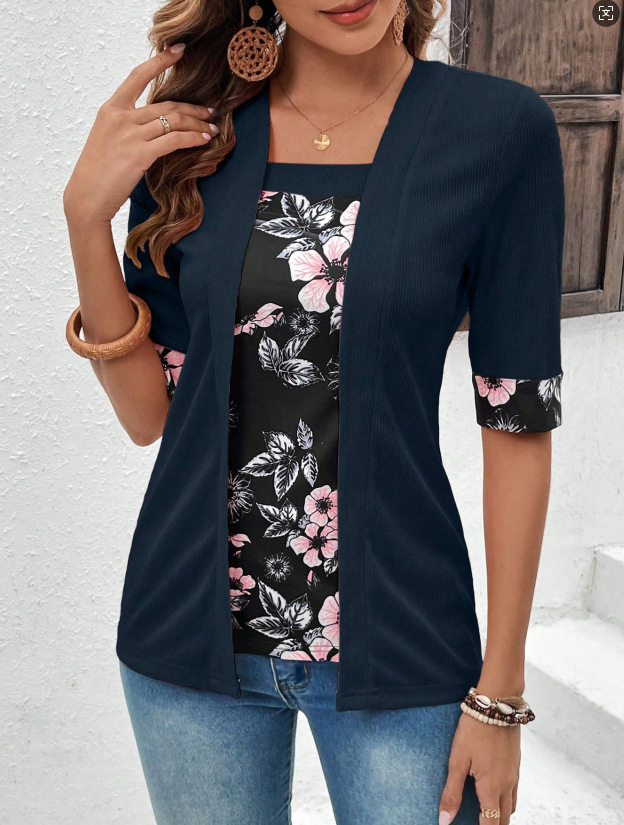 Faux Two-Piece Colorblock Short Sleeve T-Shirt Loose Fit Square Neck
