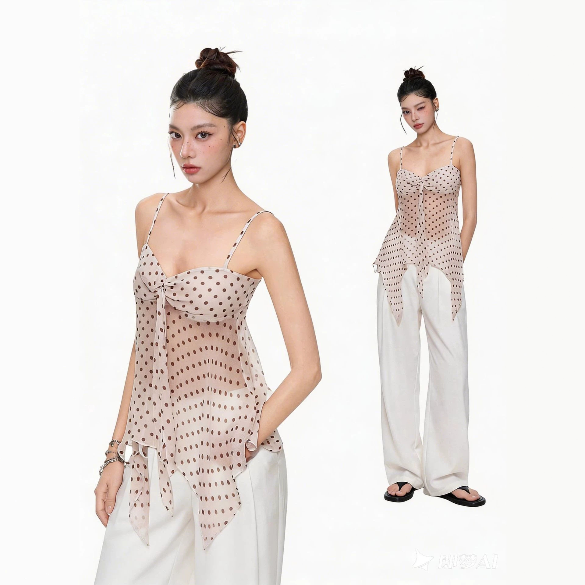 Polka Dot Cami Top Short Off-Shoulder Open-Back Asymmetrical Hem