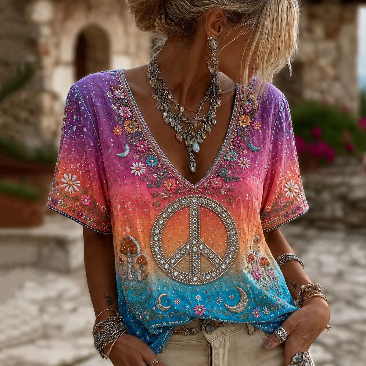 Floral Print V-Neck Short Sleeve Women's T-Shirt