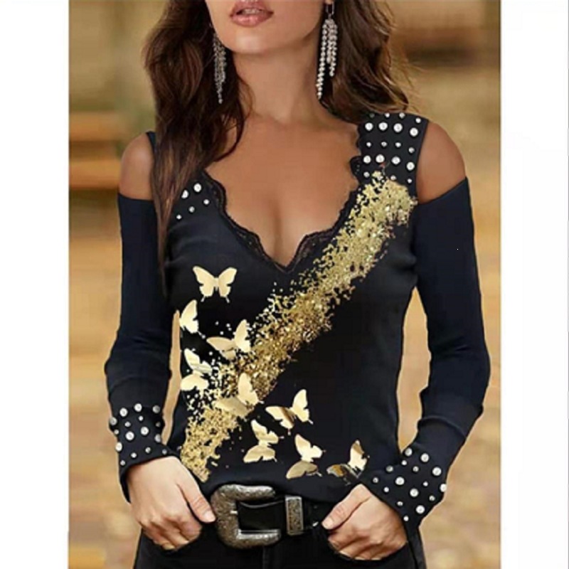 Women's Lace V-Neck Off-Shoulder Gold Butterfly Print Long-Sleeve T-Shirt