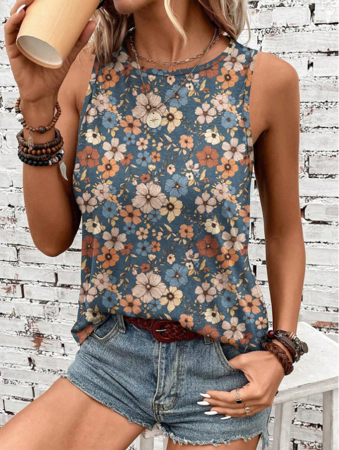 Women's Floral Print Sleeveless Tank Top Round Neck Loose Casual Summer Tee
