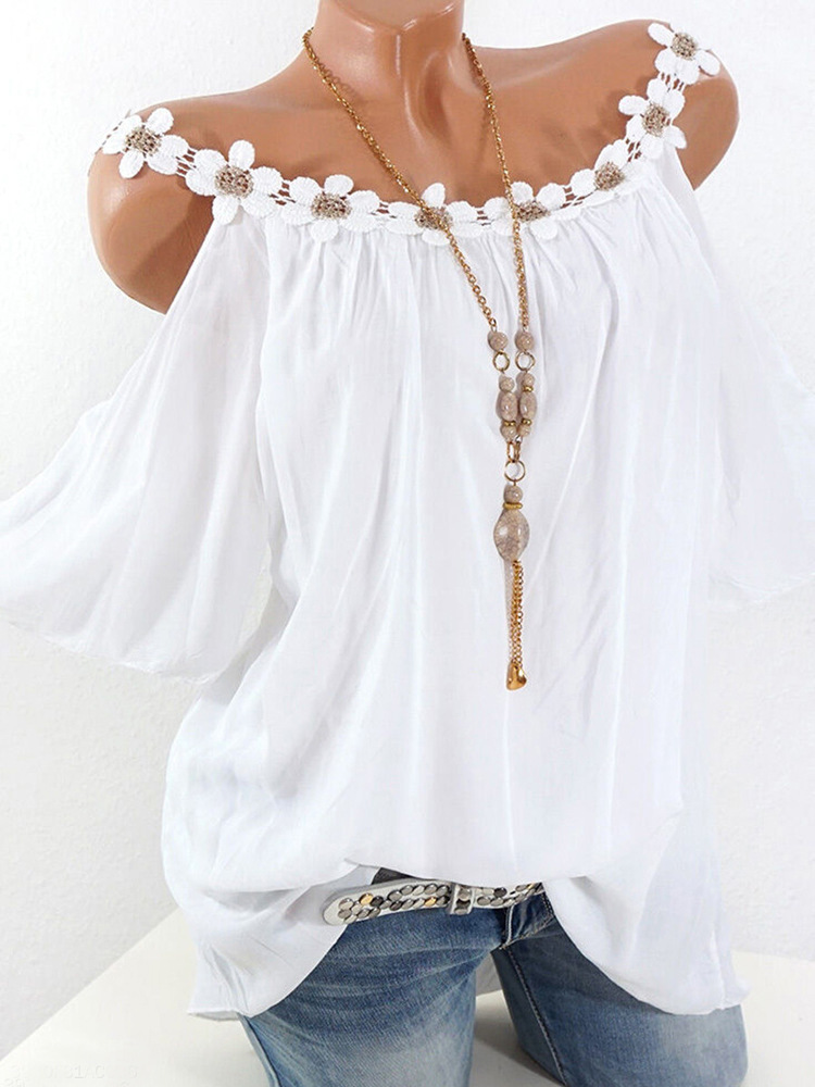 Cross-Border European & American Women's Clothing 2026 Summer Wish Amazon eBay Bestseller Lace Round Neck Off-Shoulder Solid Color T-Shirt for Women