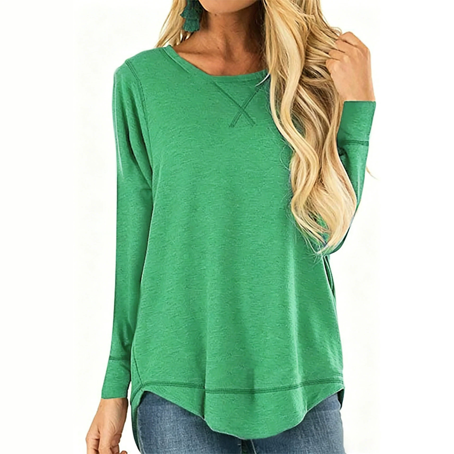 Women's Crewneck Long Sleeve T-Shirt Solid Loose High-Low Hem Casual Top