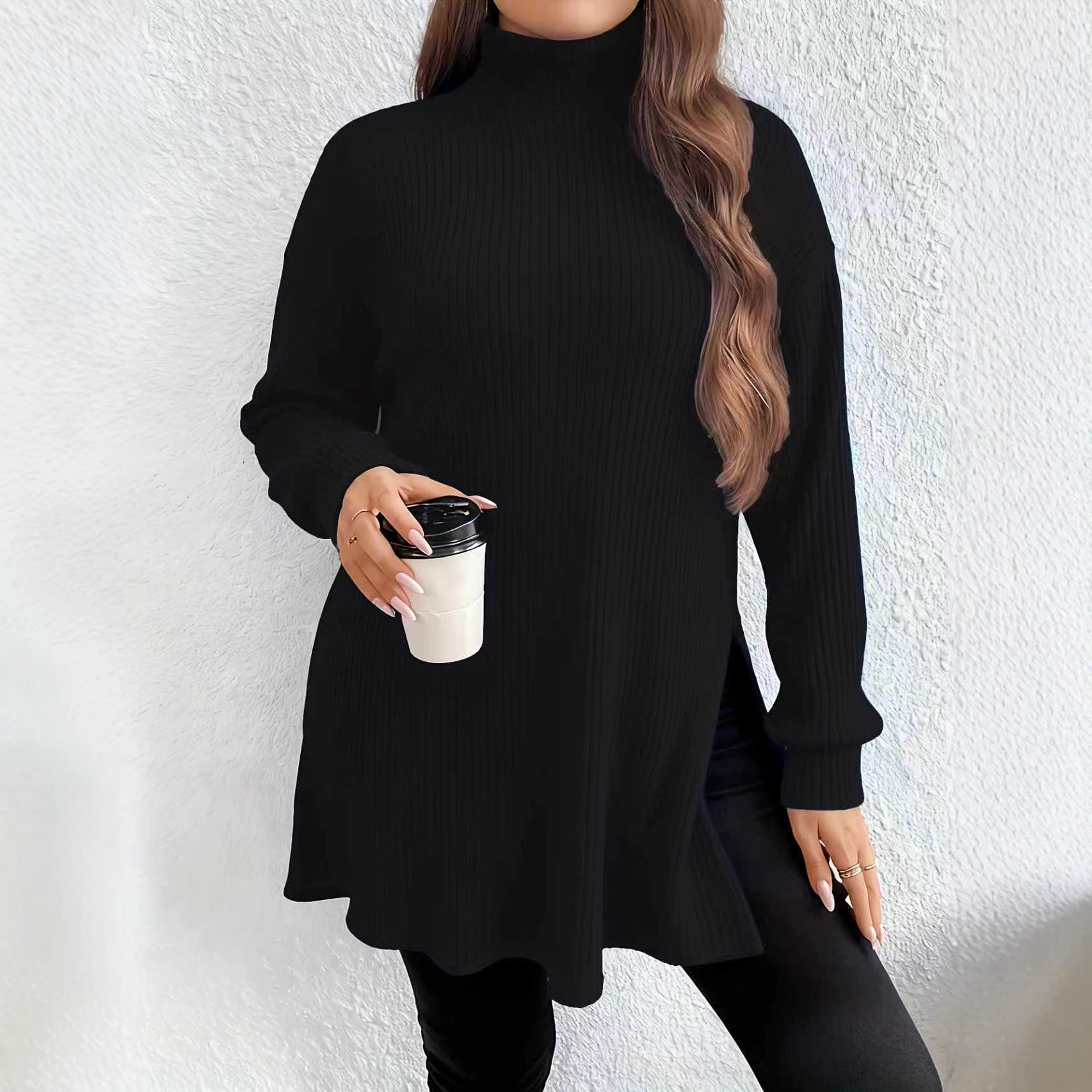 Irregular Split High Neck Plus Size Sweater Top