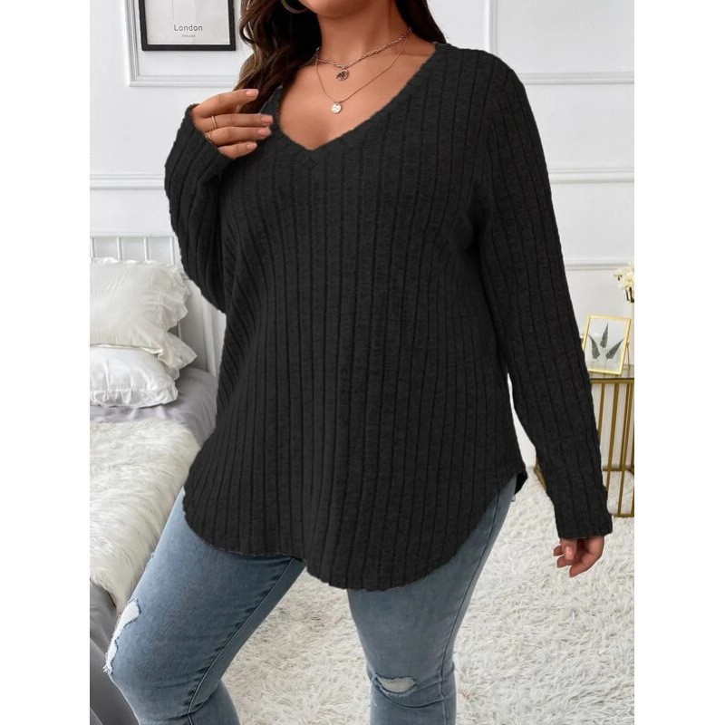 Women's Solid V-Neck Long-Sleeve Ribbed Brushed Top