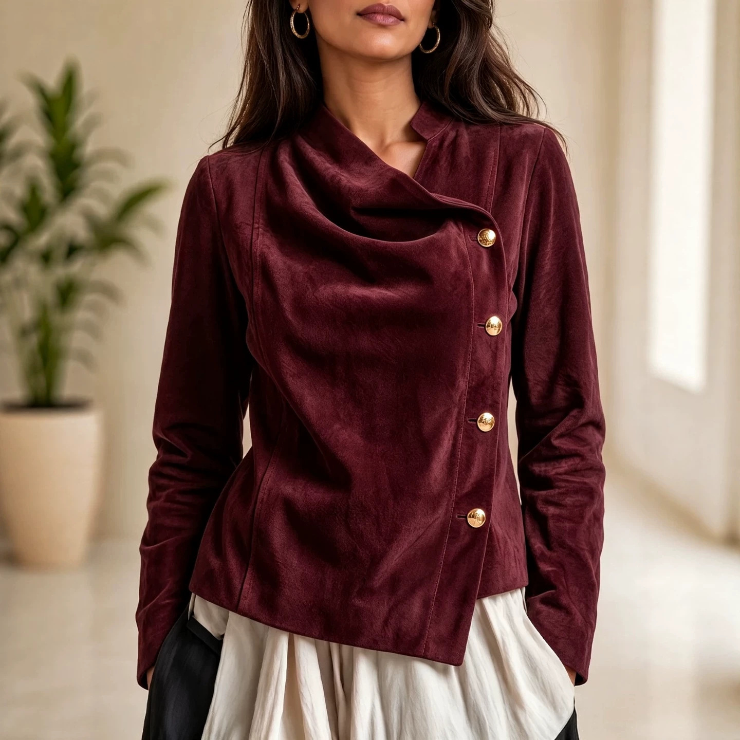 Suede Stand Collar Asymmetric Button Short Jacket