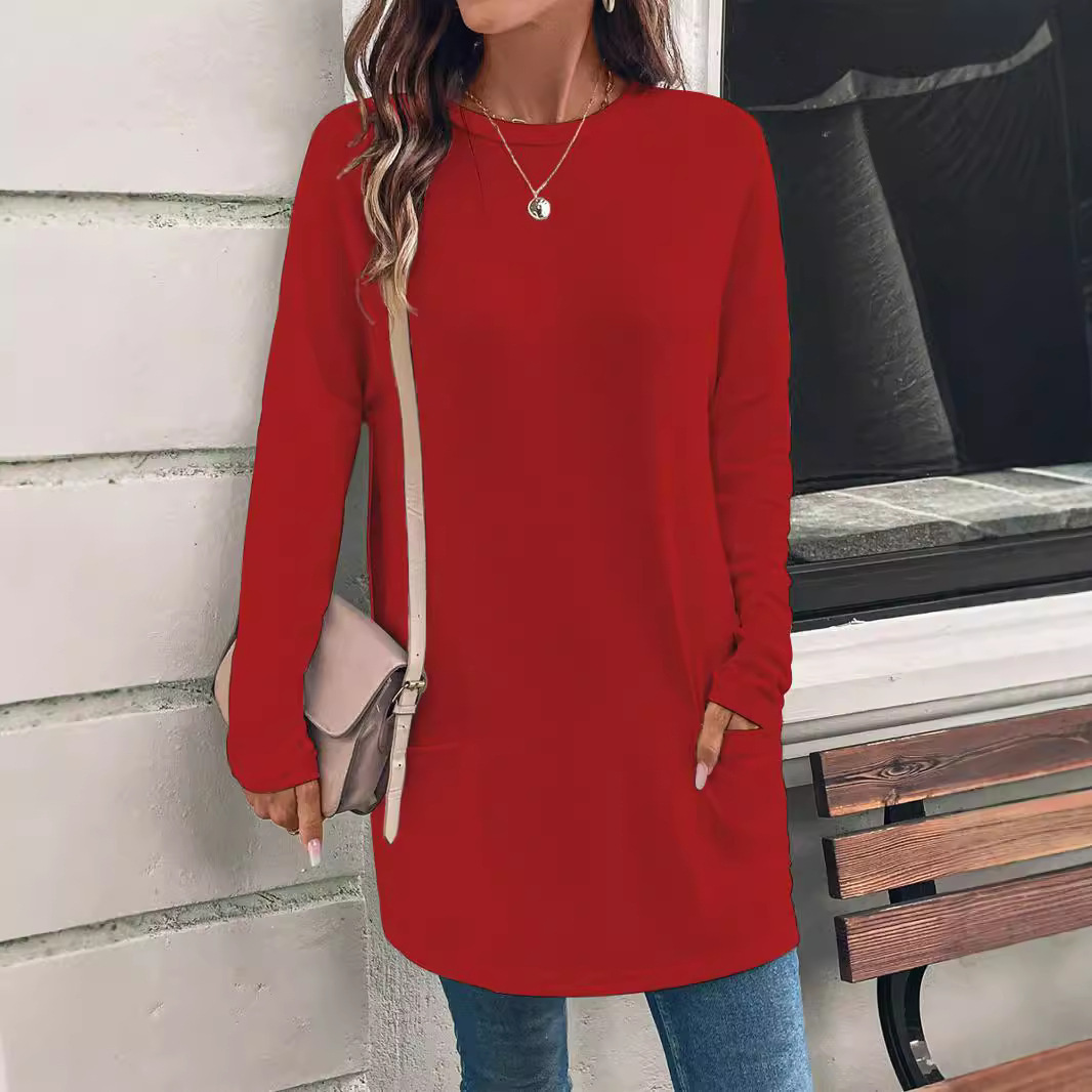 Women's Solid Color Long Sleeve Loose Crewneck Pocket T-Shirt