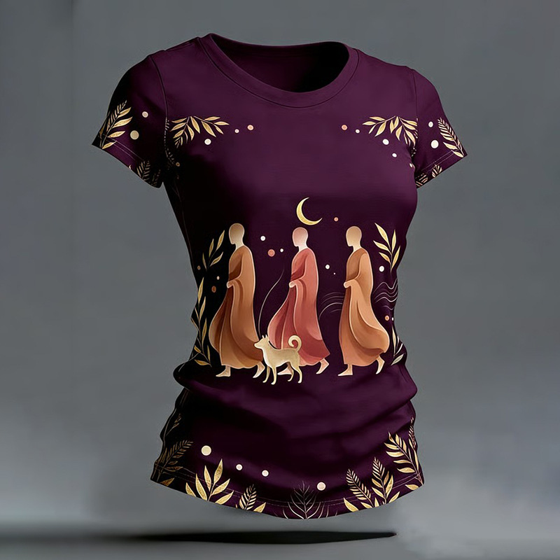 Women's Summer Waist-Fitted Crew Neck Short Sleeve Top with Monk and Peace Dog Print