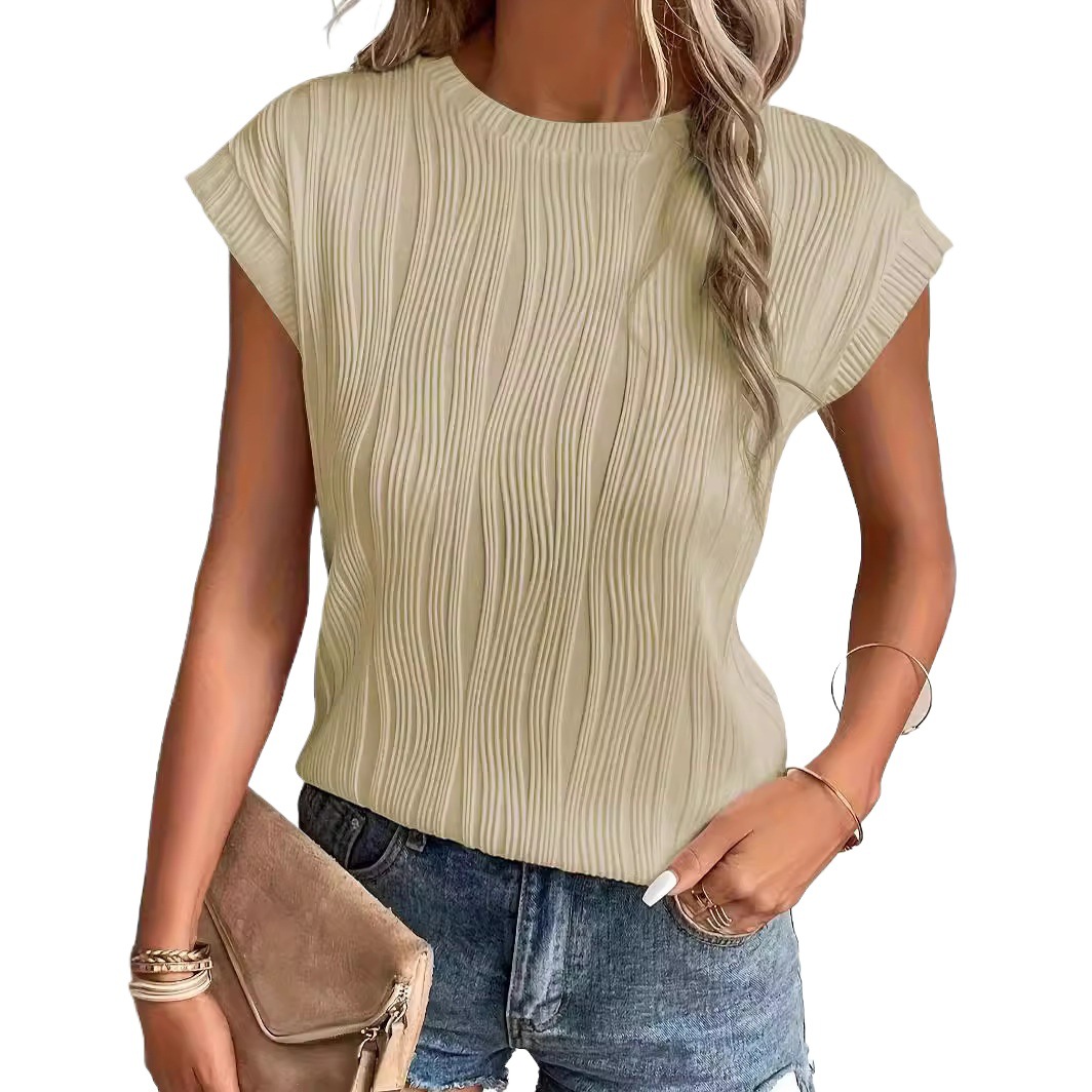 Women's Summer Casual Crewneck Short Sleeve Textured Solid Color Pullover T-Shirt