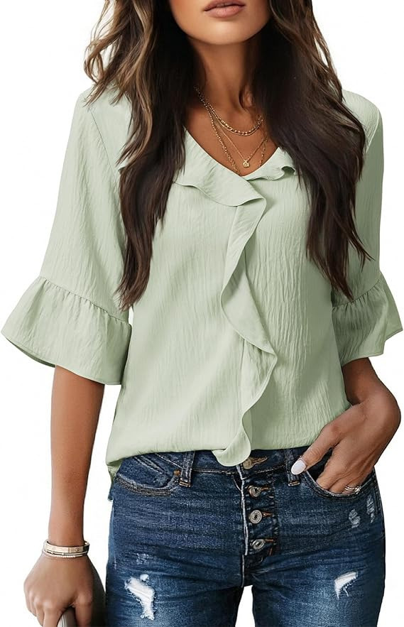 V-Neck Ruffle Lantern Sleeve Casual Top