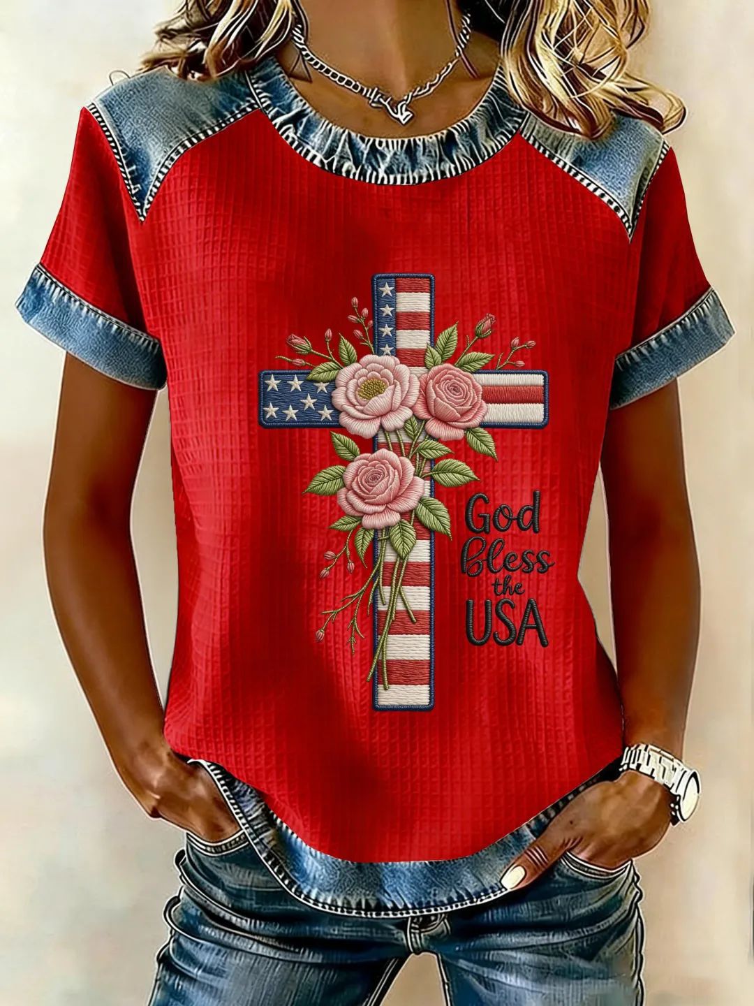 Cross & USA Floral Print Short-Sleeve T-Shirt