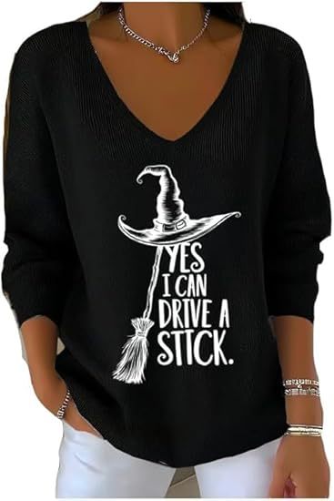 Halloween Witch Hat Broom Letter Print V-Neck Long-Sleeve T-Shirt