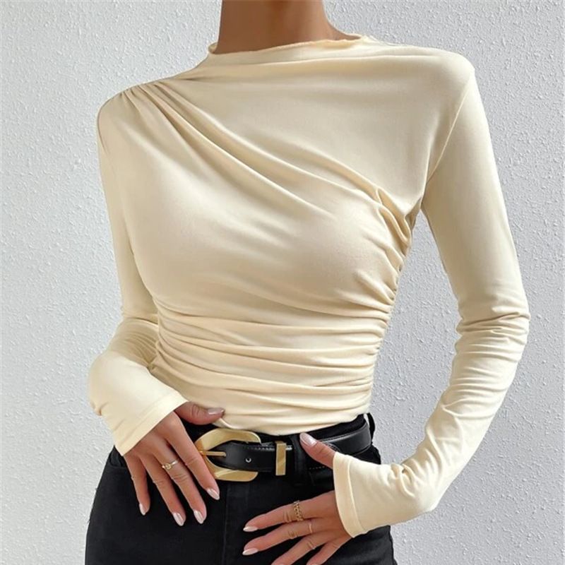 Women's Solid Color Slim Fit Ruched Long Sleeve T-Shirt