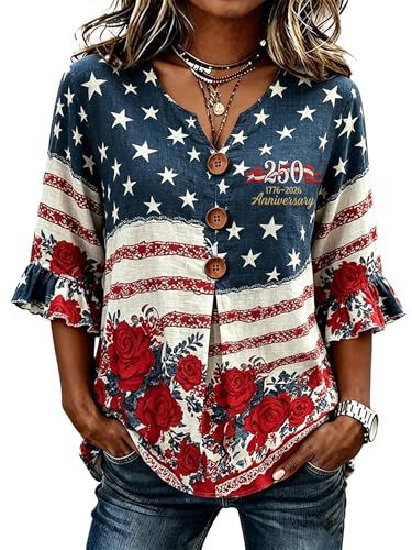 Women's American Floral Flag Print V-Neck Half-Sleeve T-Shirt