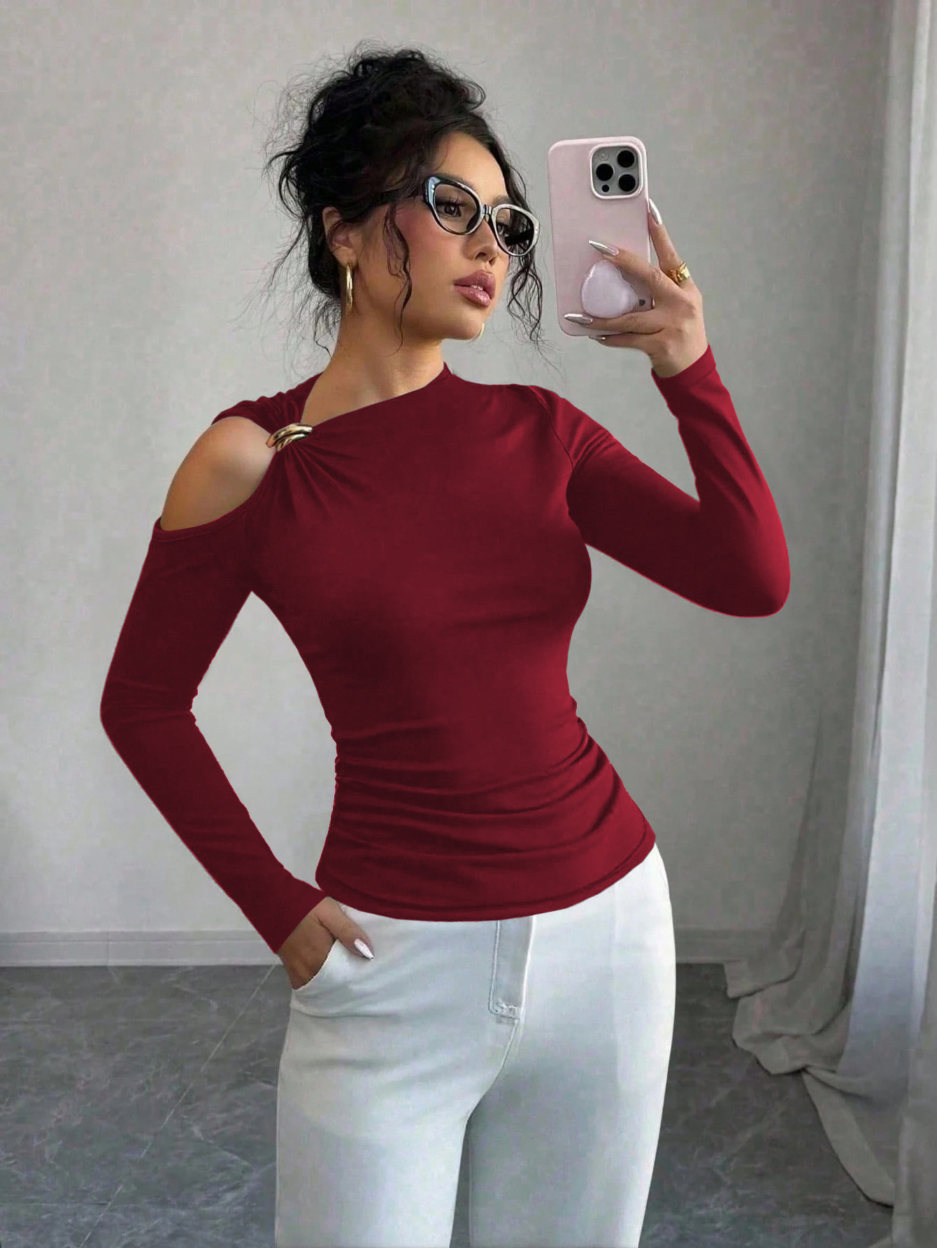 Asymmetric One-Shoulder Metal-Trim Slim-Fit Top