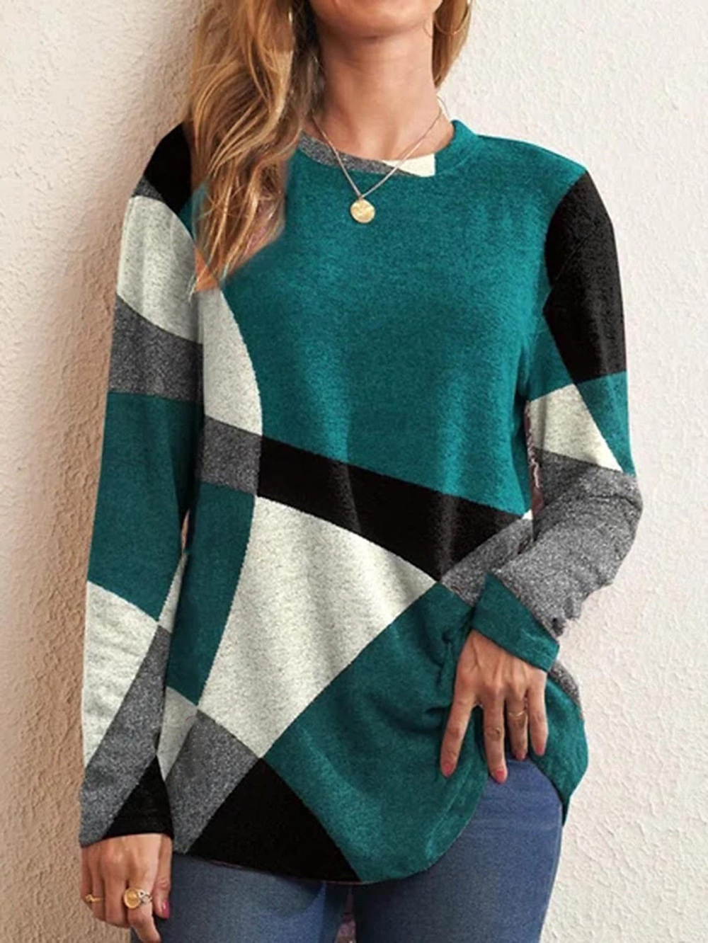 Women's Geometric Colorblock Long Sleeve Crewneck Loose Plus Size T-Shirt
