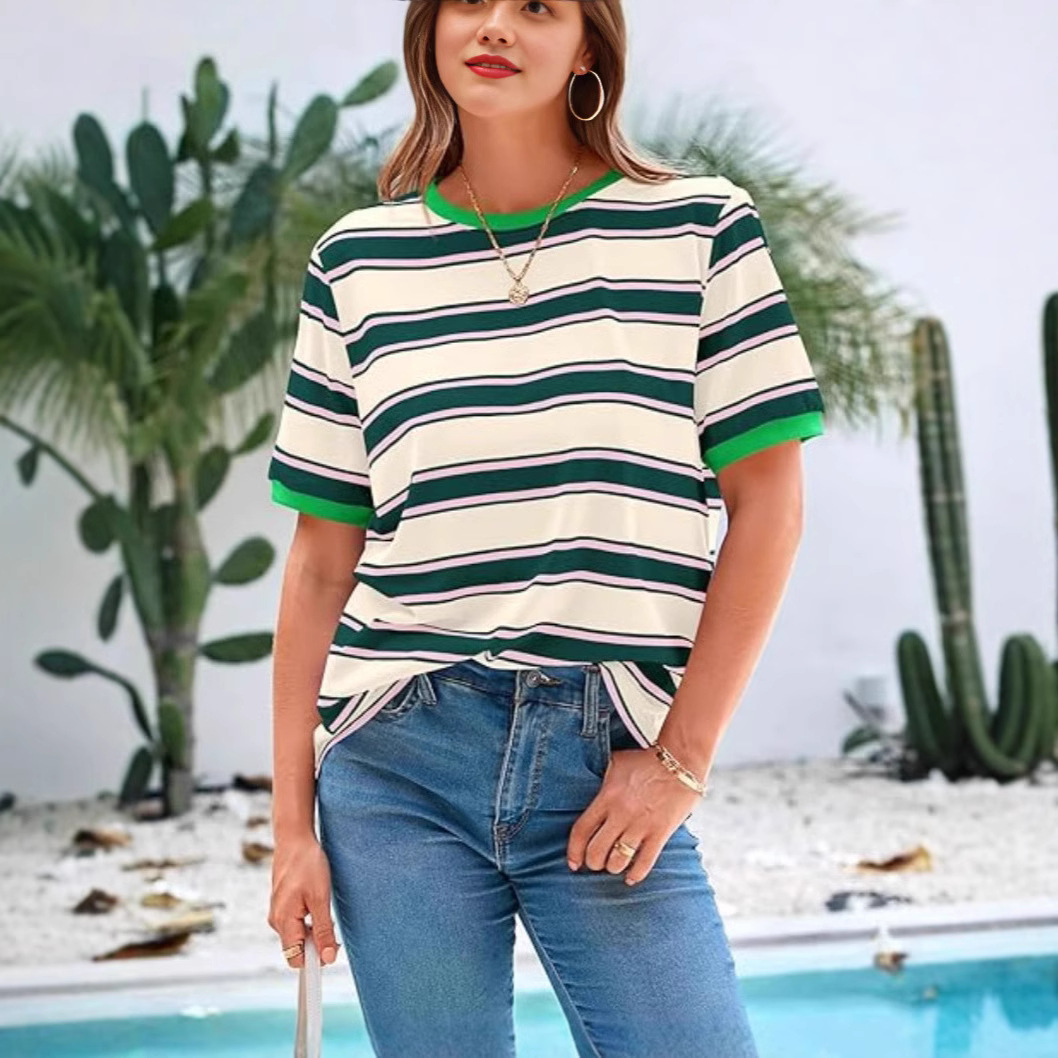 Color-Block Striped Crewneck Loose Casual T-Shirt