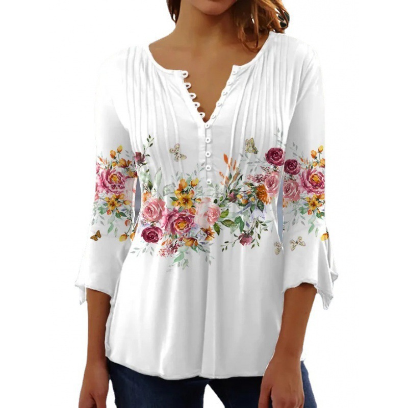 Floral Print V-Neck Short Sleeve Pleated Button T-Shirt