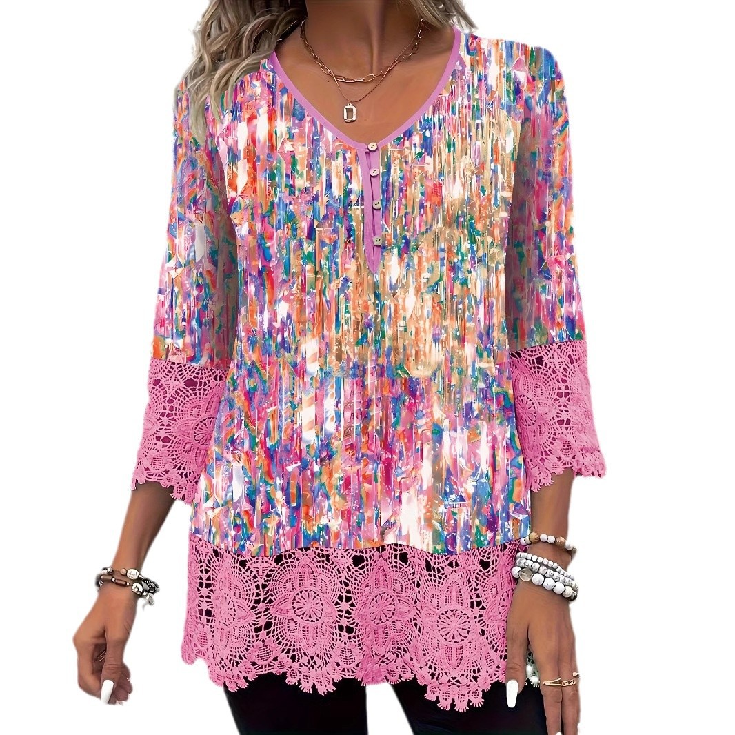 Women's Lace Seven-Sleeve Top Casual Fashion