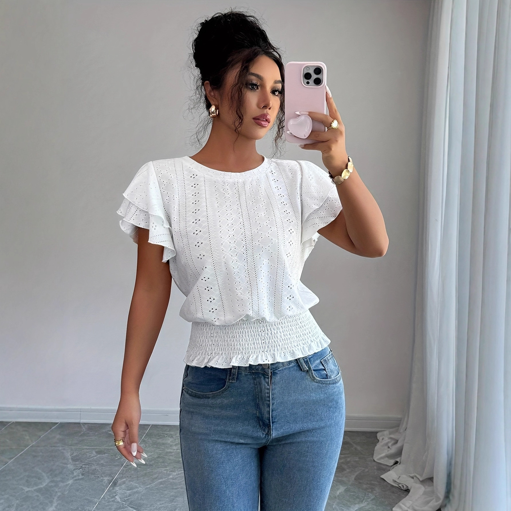 Women's Hollow-Out Ruffle-Sleeve Crewneck Short-Sleeve T-Shirt
