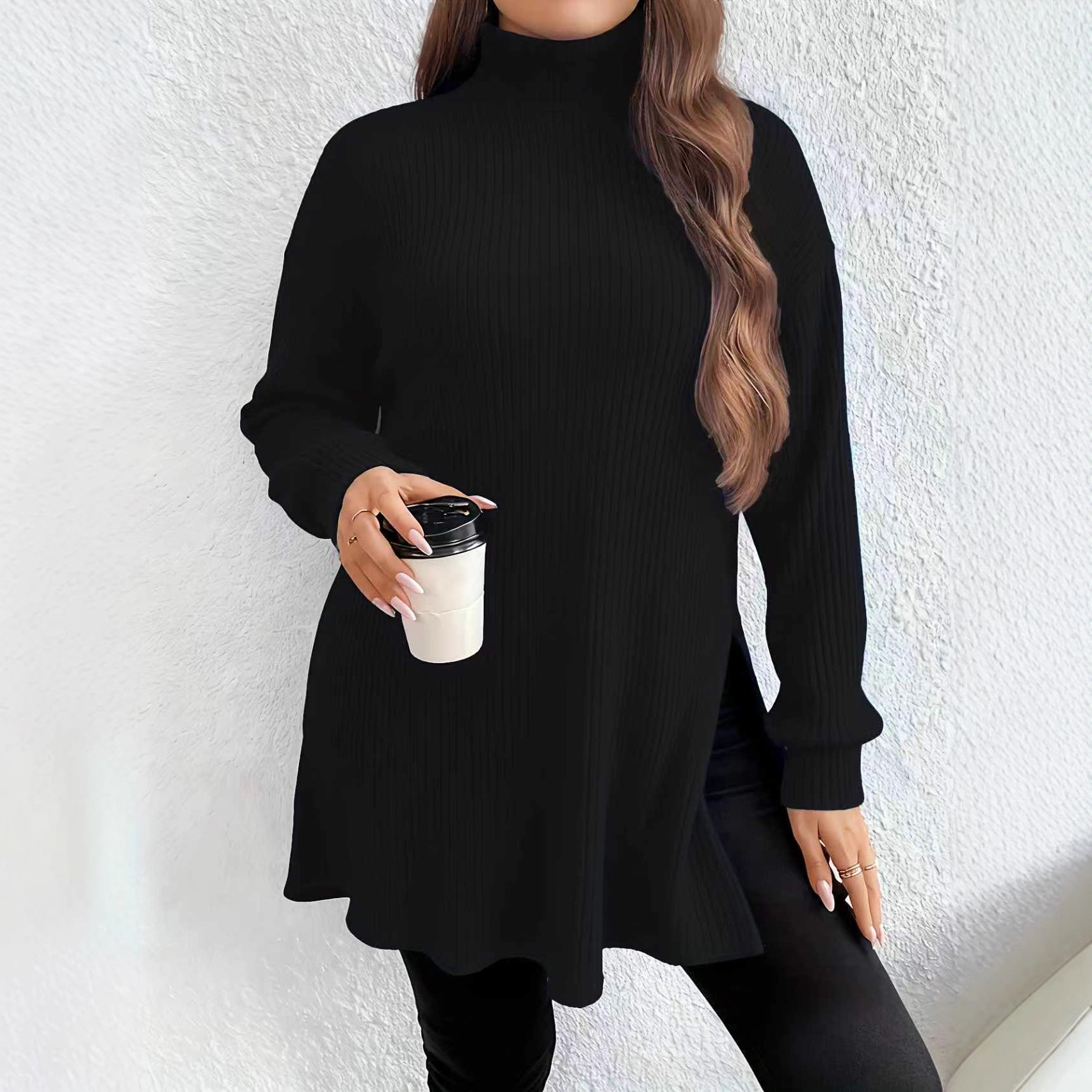 Irregular Split High Neck Plus Size Sweater Top