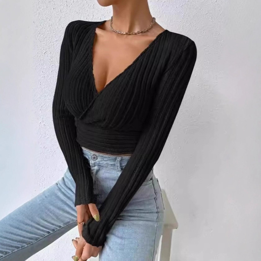 Deep V-Neck Cross-Front Slim Fit Long Sleeve Top