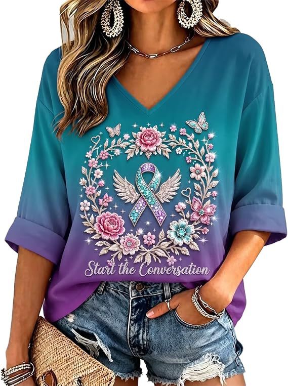 Floral Ribbon Print V-Neck Long Sleeve T-Shirt